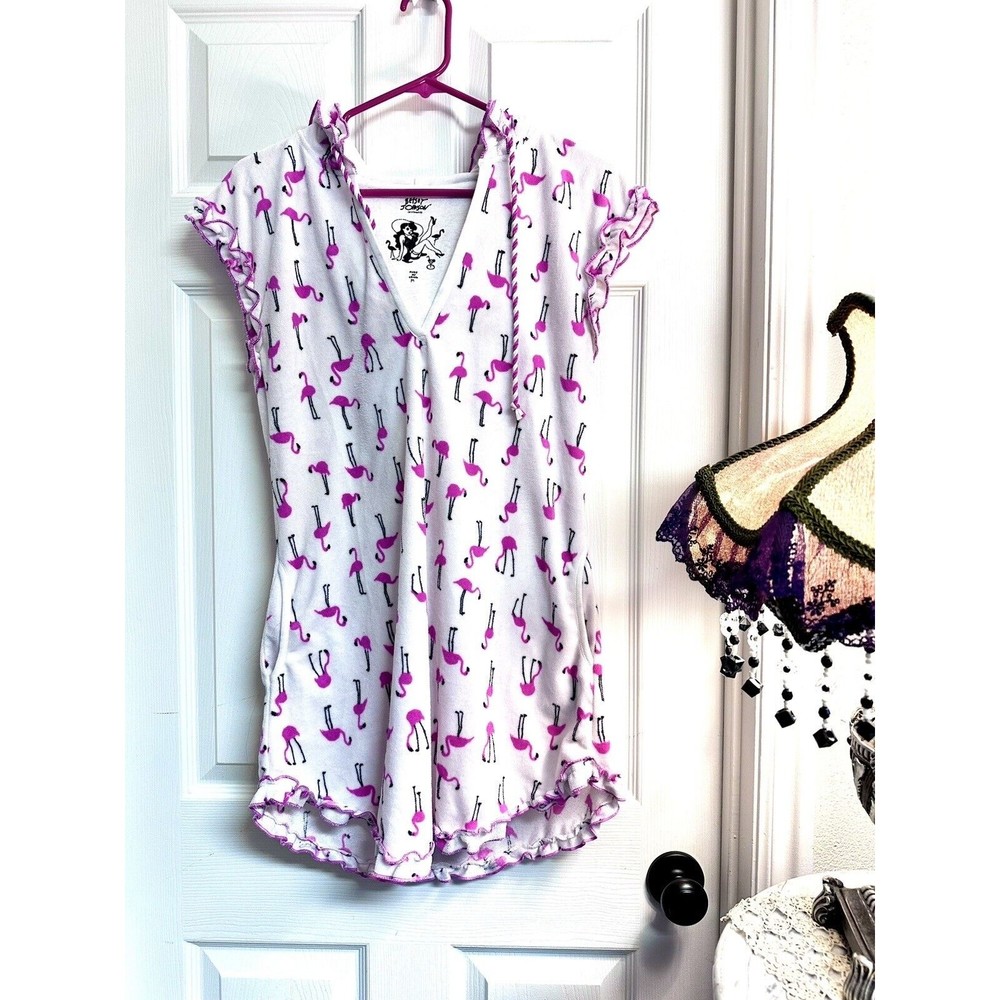 Betsey Johnson Cover Up Dress Sz M Terry White Pink Flamingo Hooded Lettuce Edge